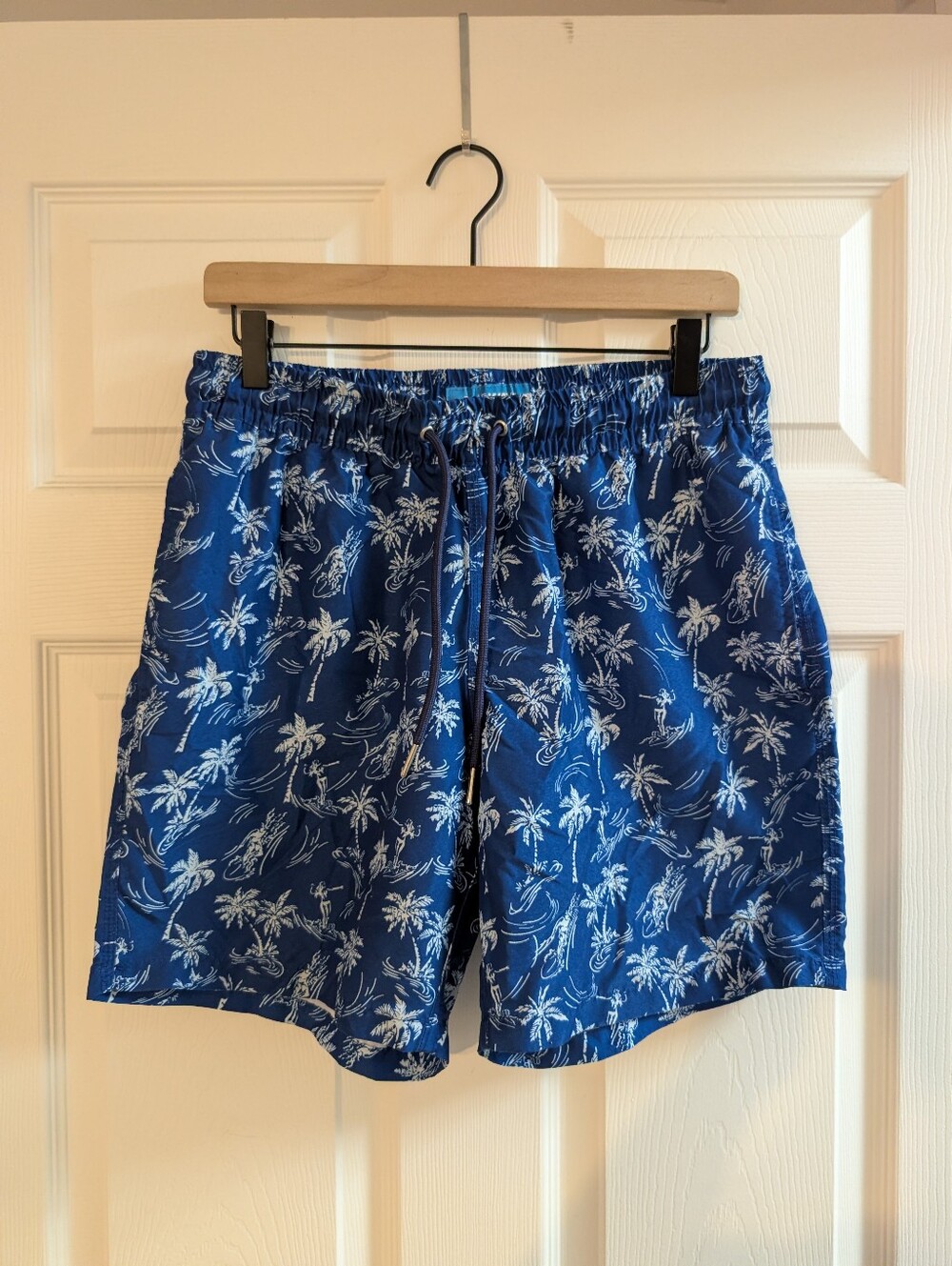Men's Blue Wave 30" Palm-Print Swim Shorts Unlined Mesh Pockets‎ 6.5" Length